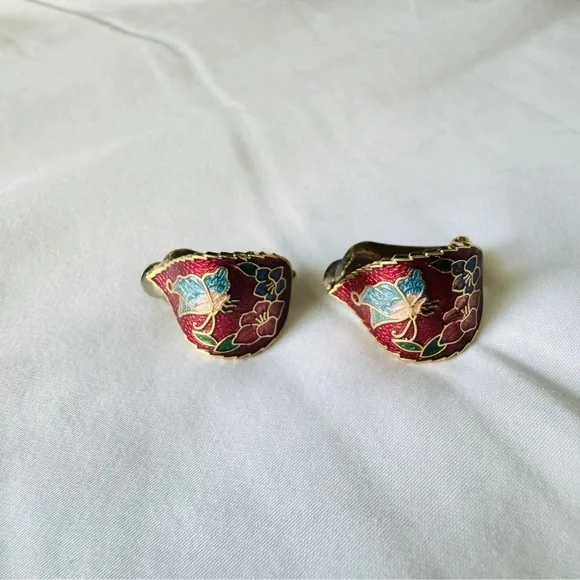 Vintage Red Flower Butterfly Cloisonne Domed  Earrings Gold Plated Clip On - Picture 2 of 7